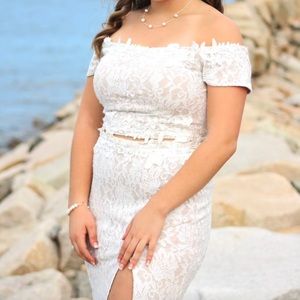 White lace sparkly 2 piece prom dress